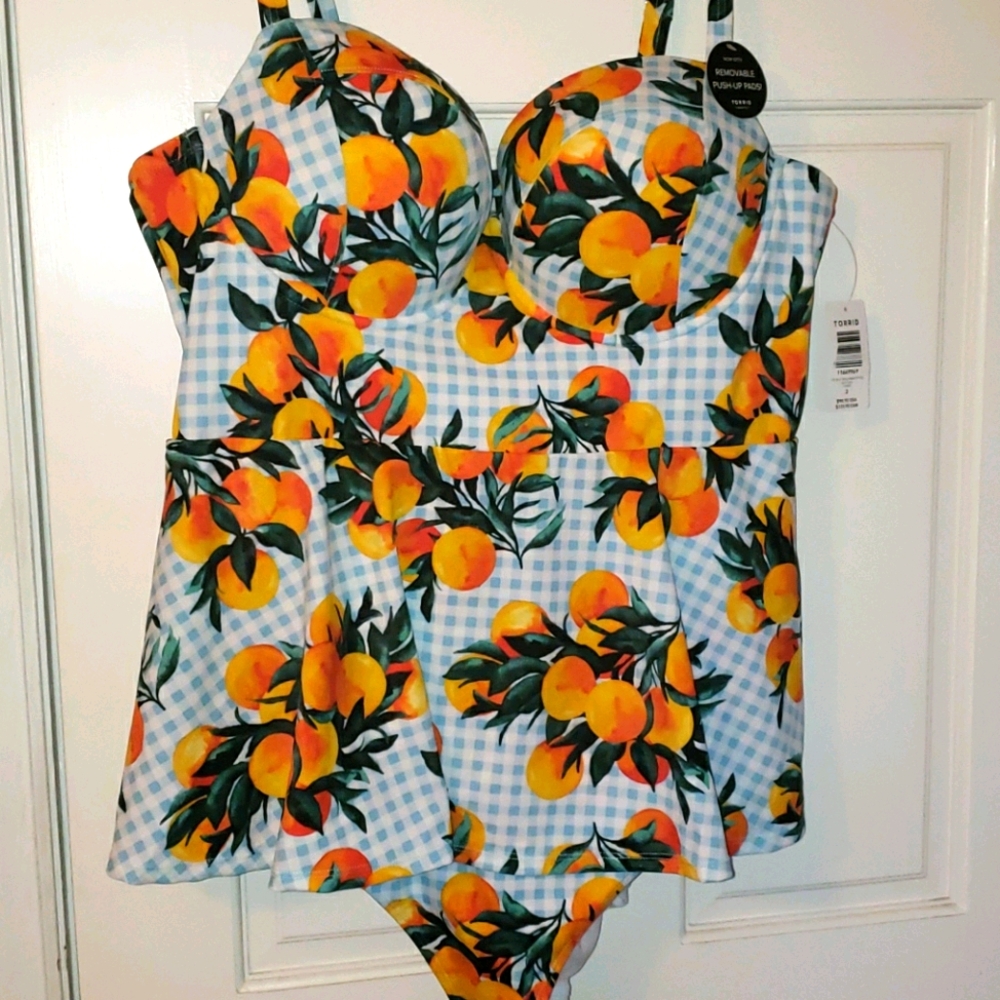 Blue Gingham & Oranges Push-Up Demi One-Piece Swim